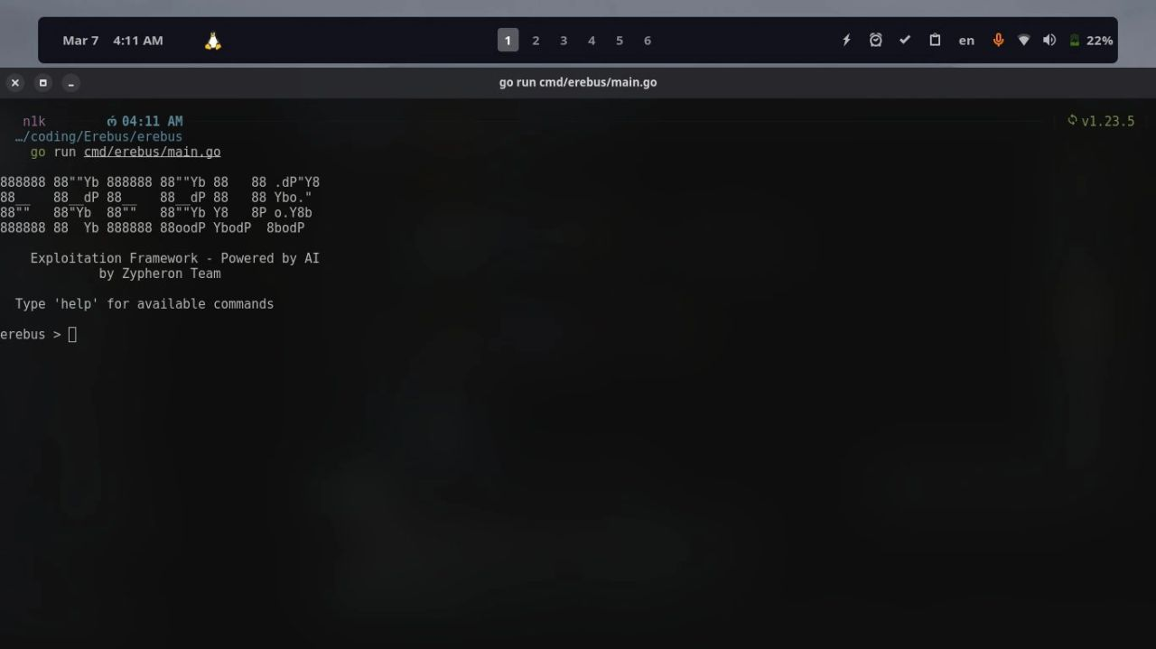 Erebus C2 terminal running in a Linux shell